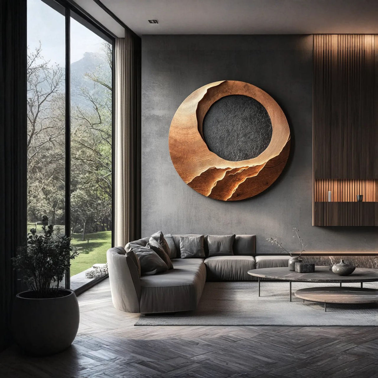 Modern Round Solid Wood Wall Sculpture for Living Room Display