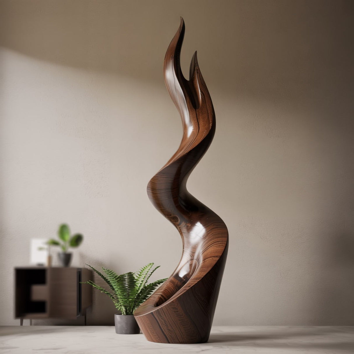 Modern Flame Solid Wood Sculpture for Living Room Contemporary Abstract Art Piece