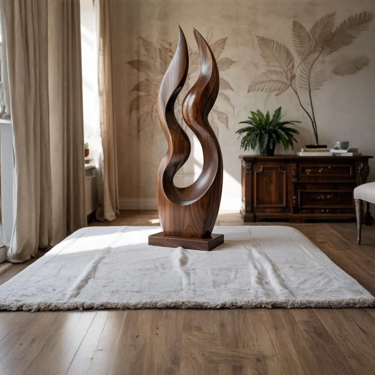 Modern Dual Flame Solid Wood Sculpture for Living Room Contemporary Organic Art