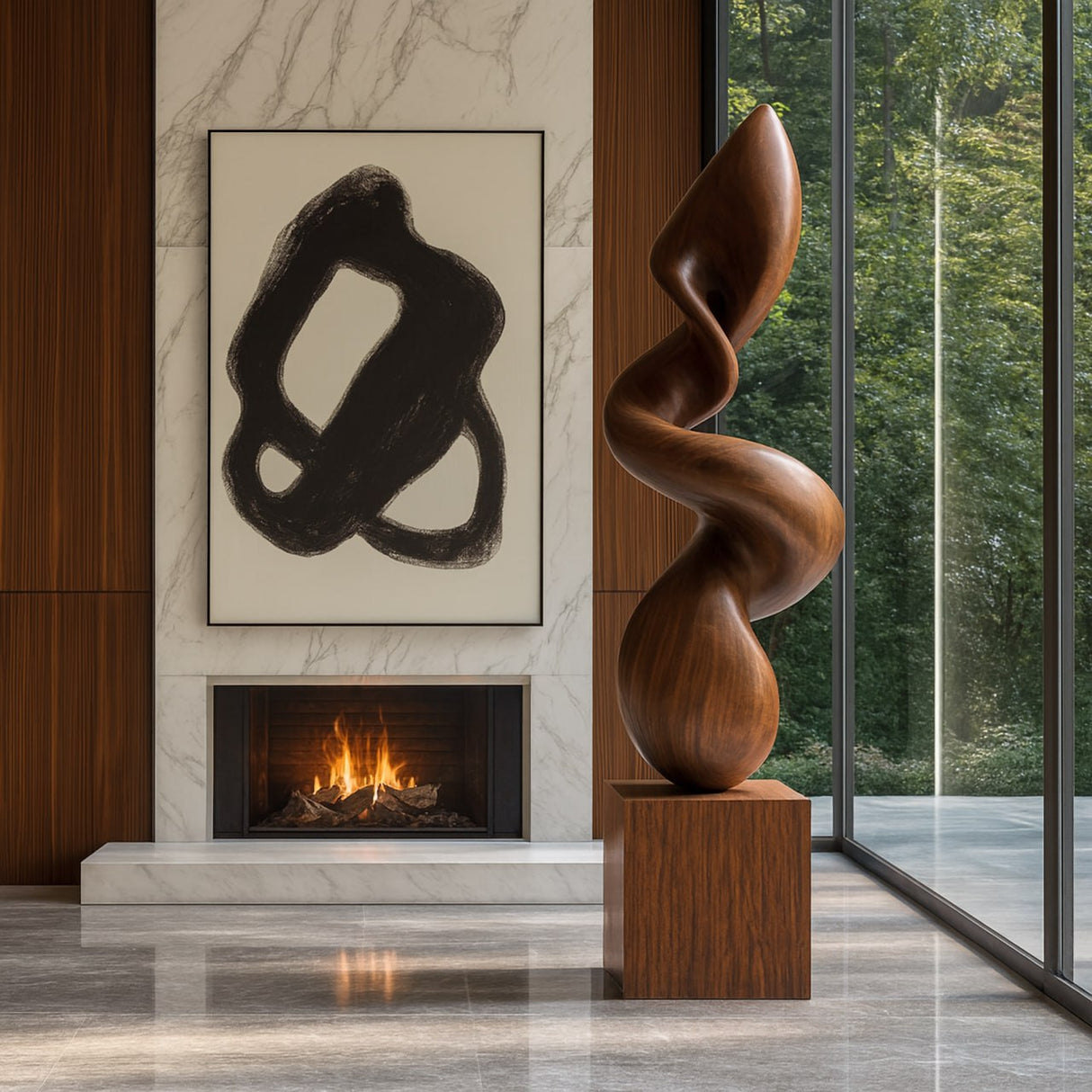 Curved Abstract Solid Wood Sculpture for Living Room Interior Display