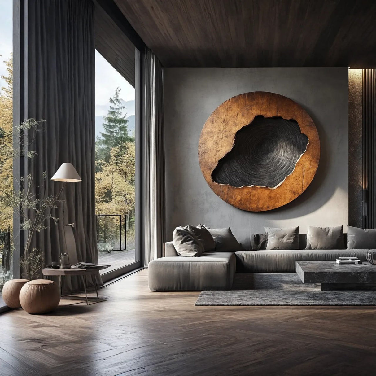 Round Textured Center Solid Wood Wall Sculpture for Living Room