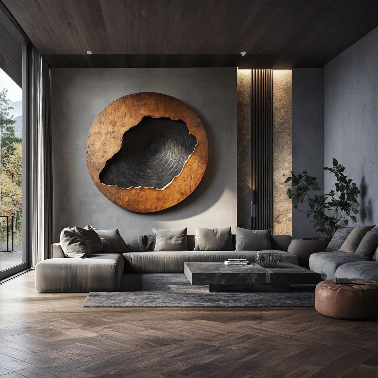 Round Textured Center Solid Wood Wall Sculpture for Living Room
