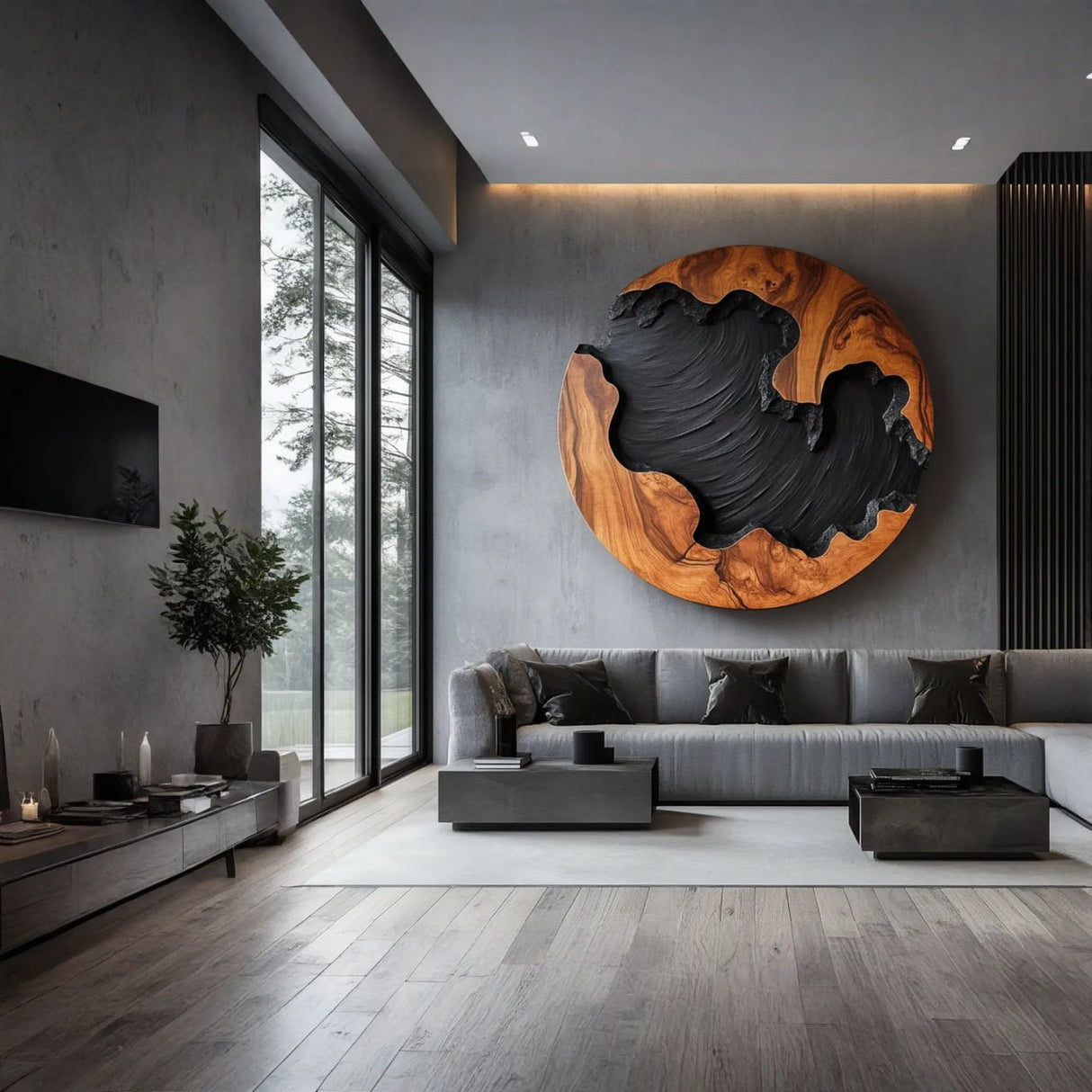Round Solid Wood Wall Sculpture with Organic Carved Texture