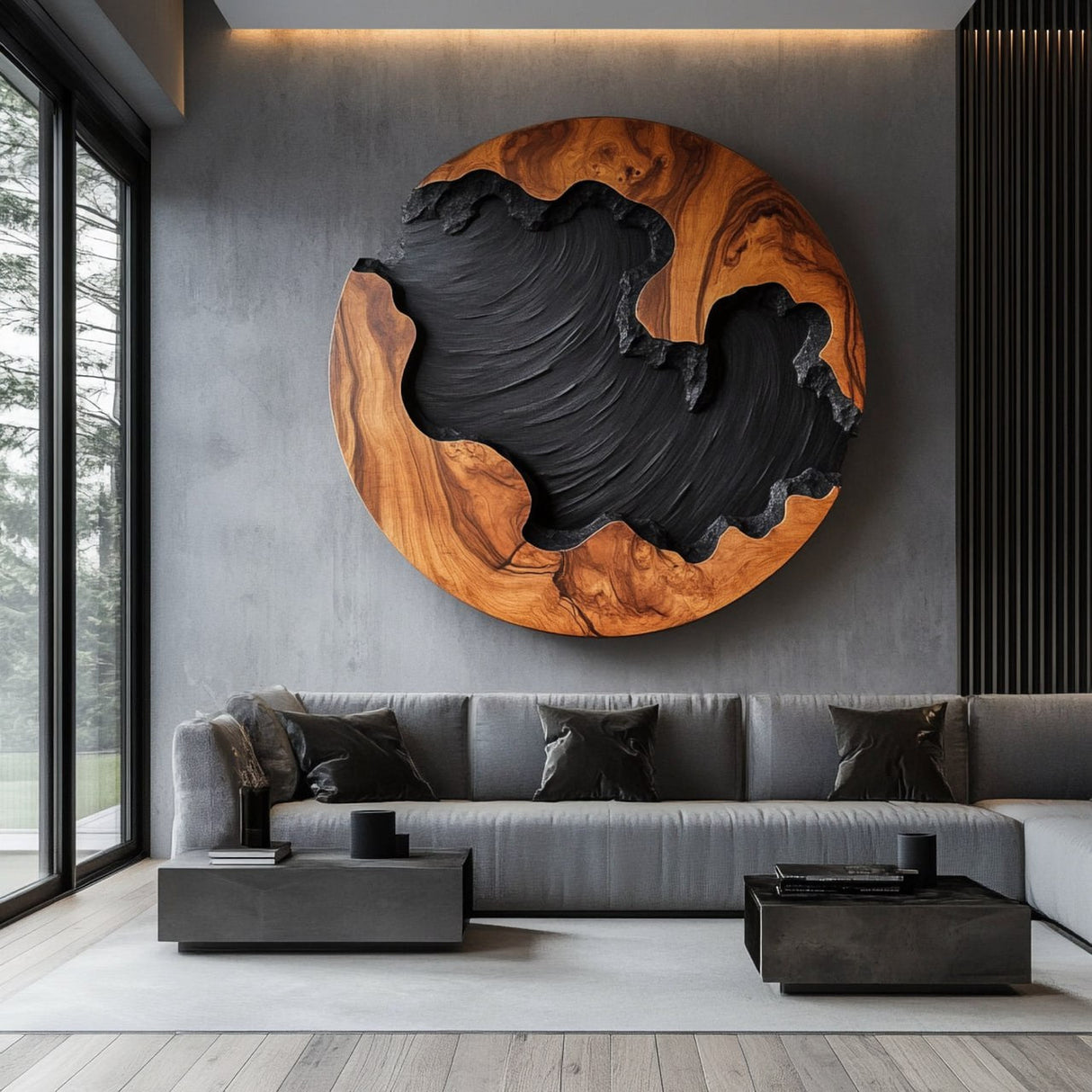 Round Solid Wood Wall Sculpture with Organic Carved Texture