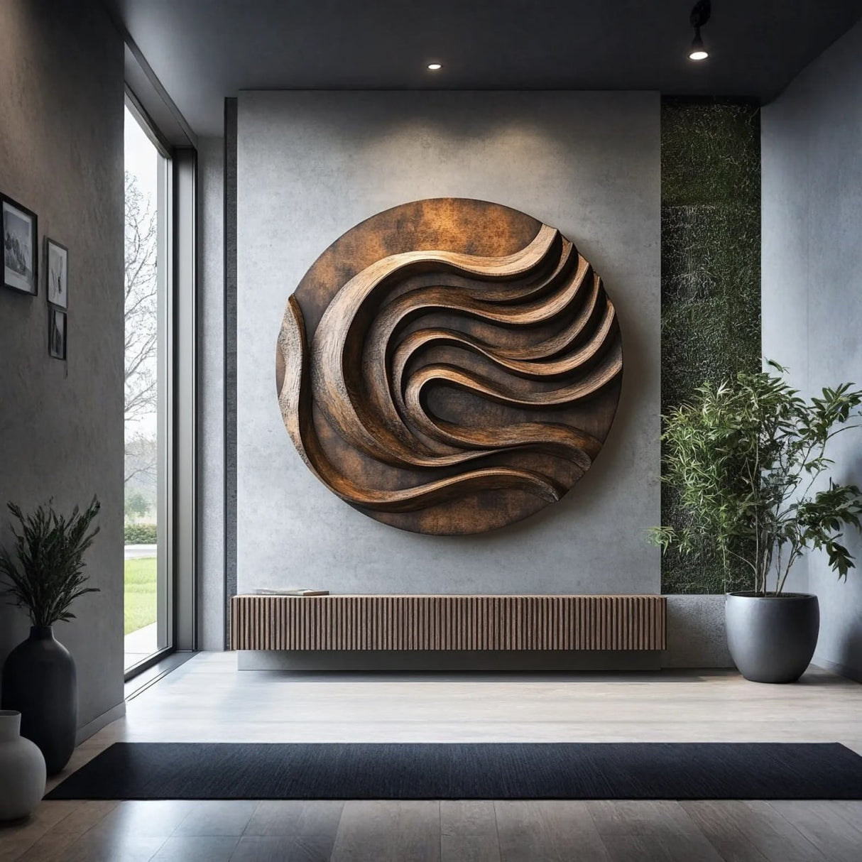 Round Solid Wood Wall Sculpture for Modern Living Room Interiors
