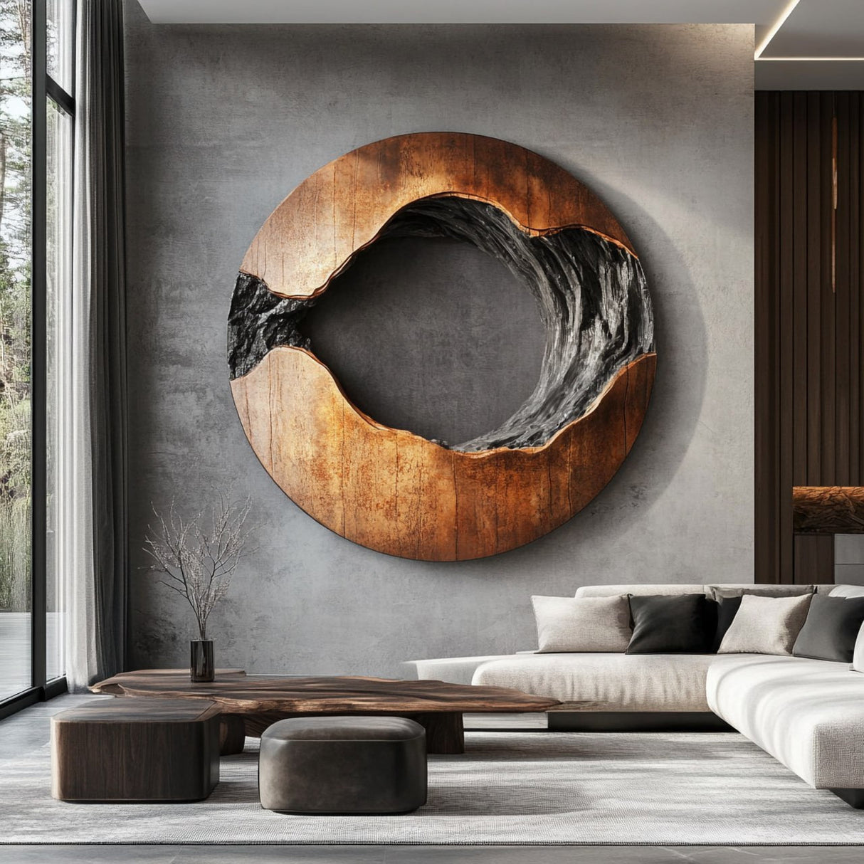 Contemporary Solid Wood Circular Wall Sculpture for Living Rooms