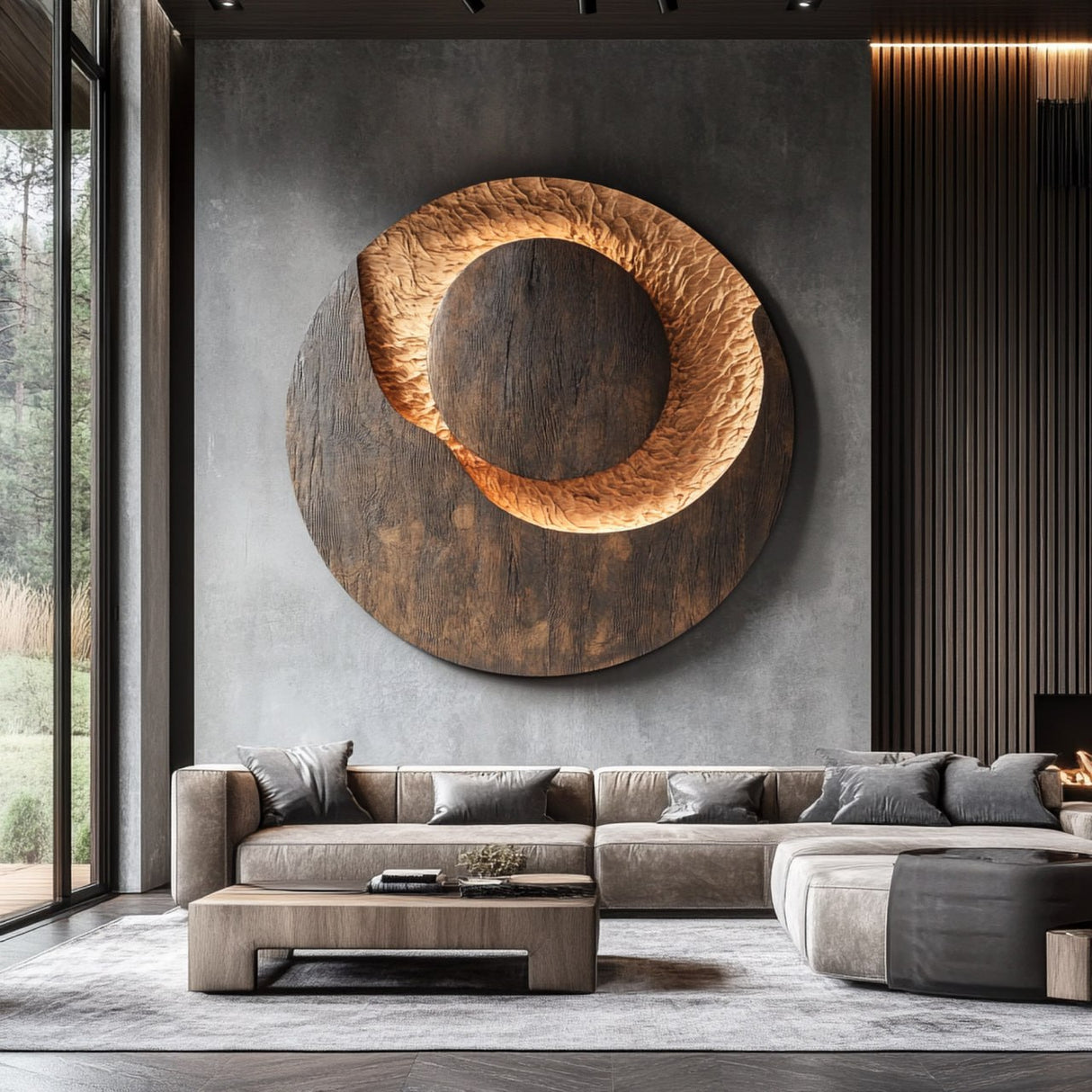 Contemporary Solid Wood Circular Wall Sculpture with Recessed Center for Living Rooms