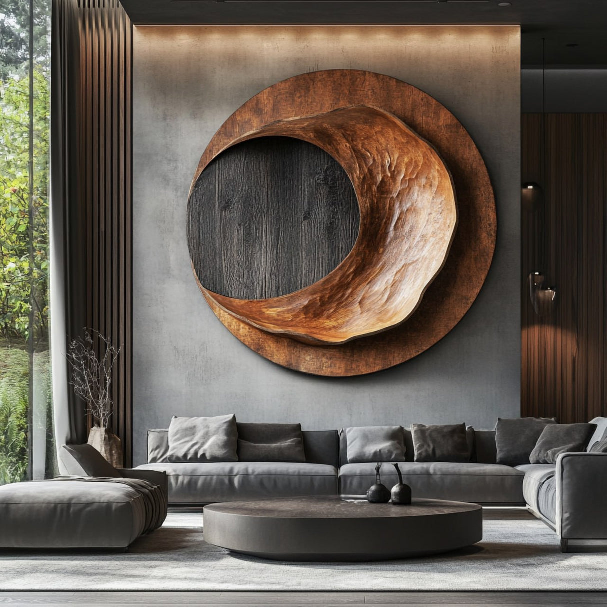 Modern Solid Wood Circular Wall Sculpture with Recessed Carving for Living Rooms