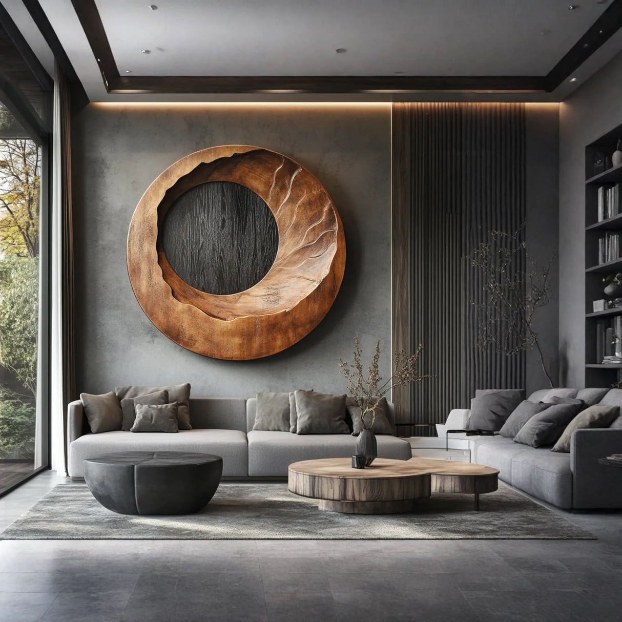 Carved Solid Wood Circular Wall Sculpture for Living Rooms