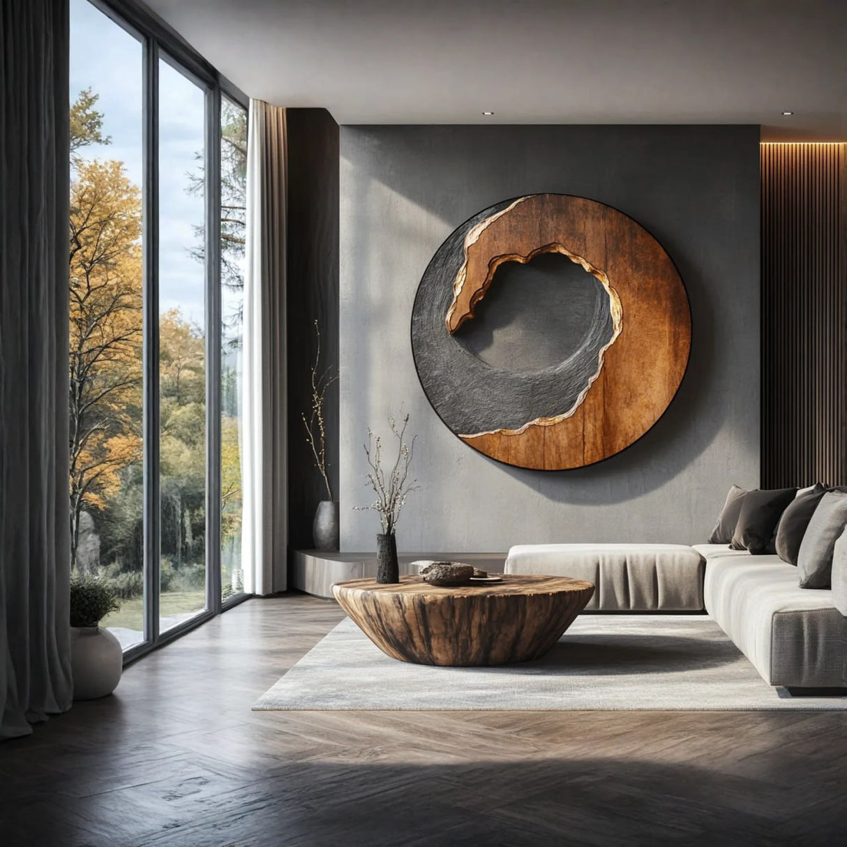 Organic Solid Wood Circular Wall Sculpture with Layered Carving for Living Rooms