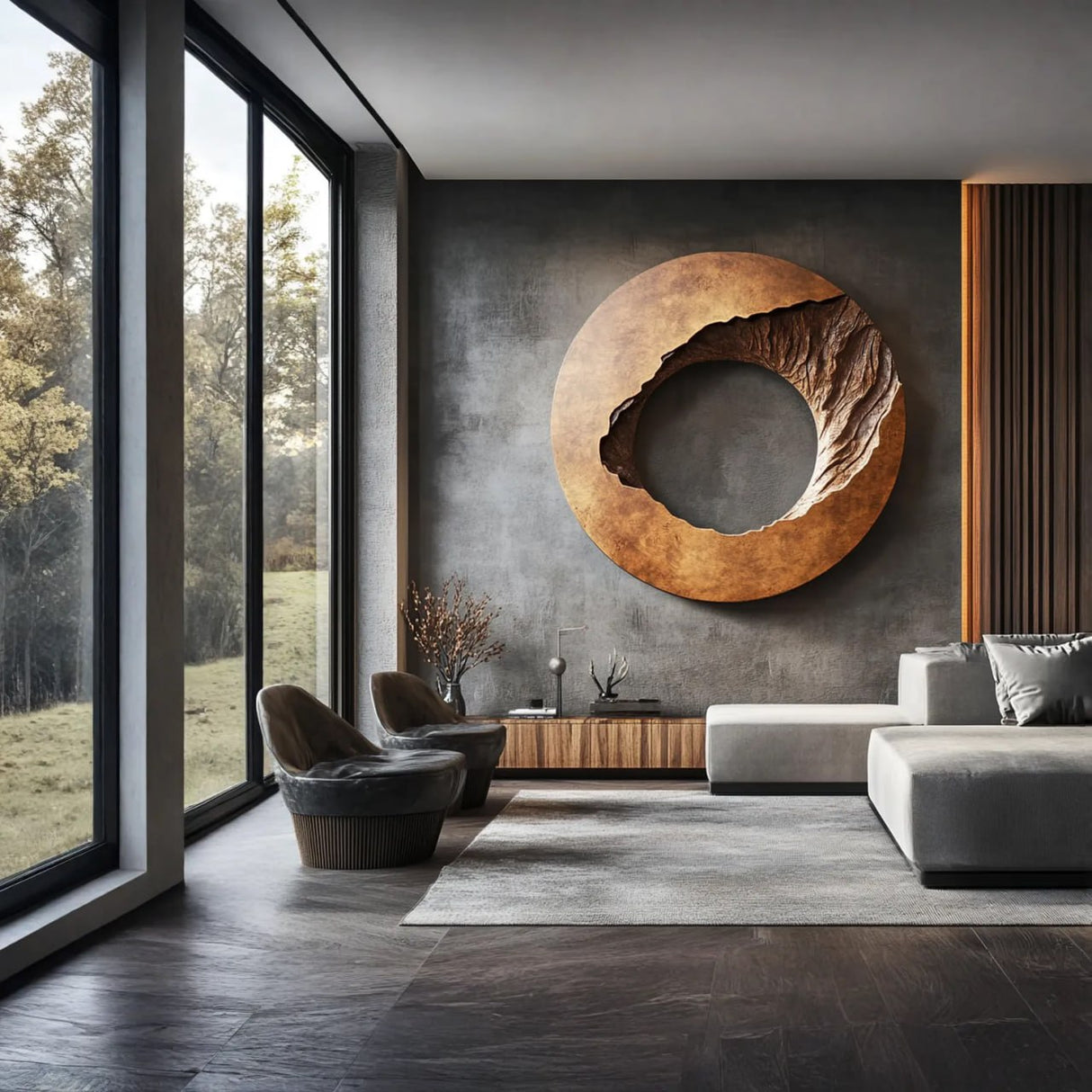 Contemporary Solid Wood Circular Wall Sculpture with Recessed Carving for Living Rooms