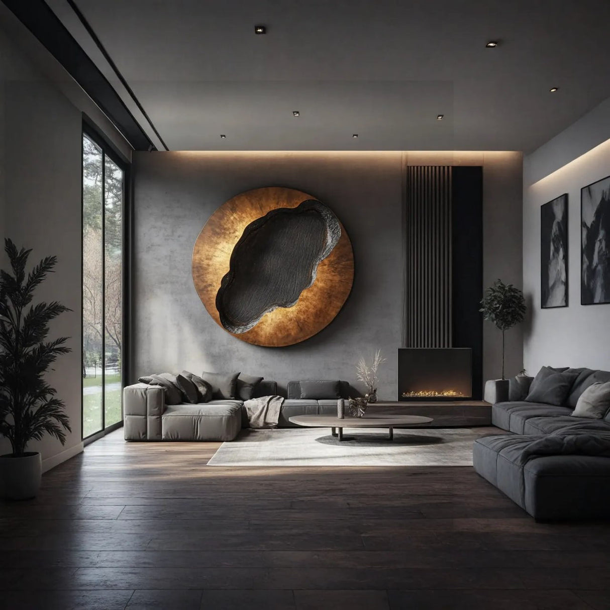 Organic Solid Wood Circular Wall Sculpture with Recessed Carving for Living Rooms
