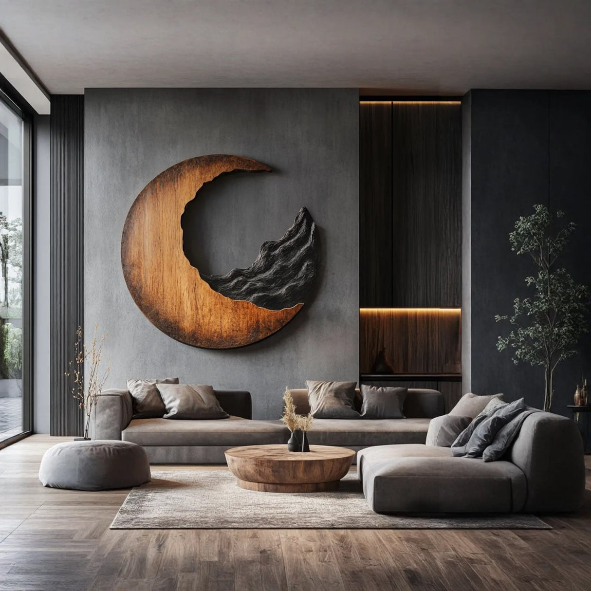 Contemporary Solid Wood Crescent Wall Sculpture with Layered Carving for Living Rooms