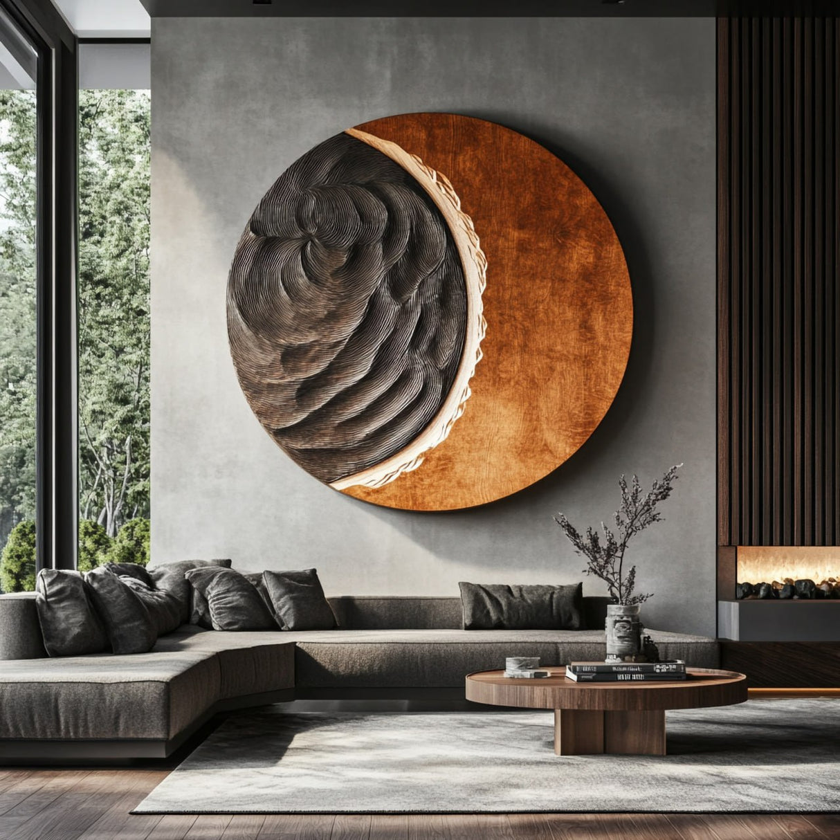 Contemporary Solid Wood Round Wall Sculpture for Living Room