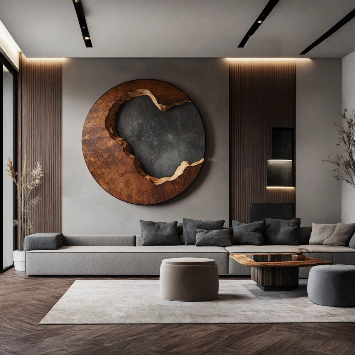 Solid Wood Organic Circle Wall Sculpture for Living Room Interiors