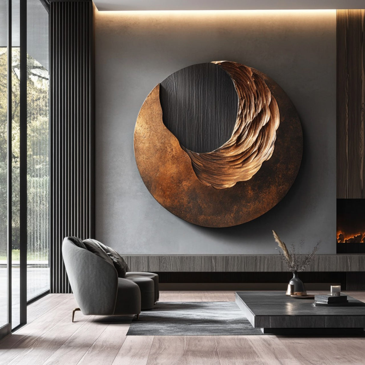 Modern Organic Solid Wood Round Wall Sculpture for Interior Decor