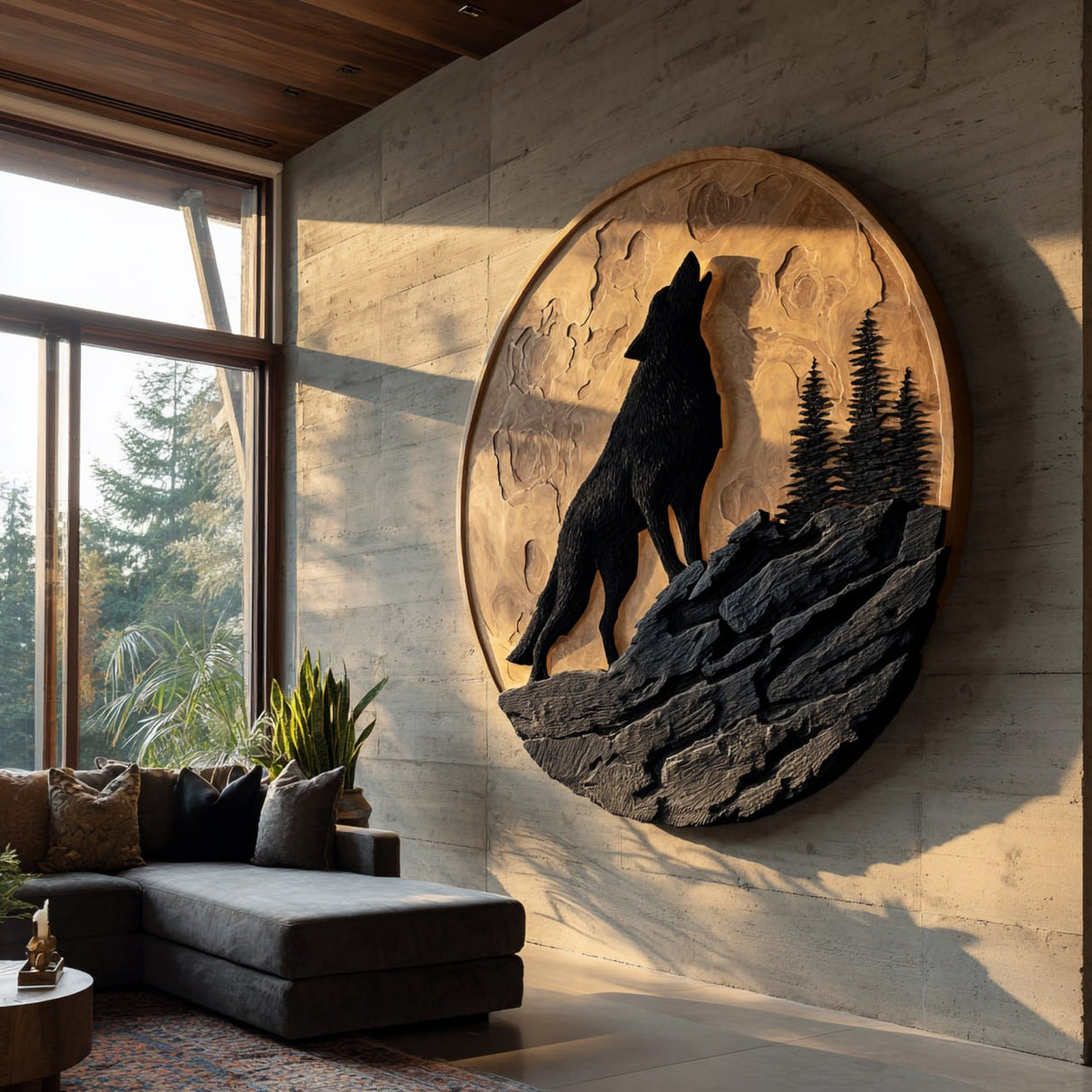 Contemporary Round Solid Wood Wolf Wall Sculpture for Living Room Interiors