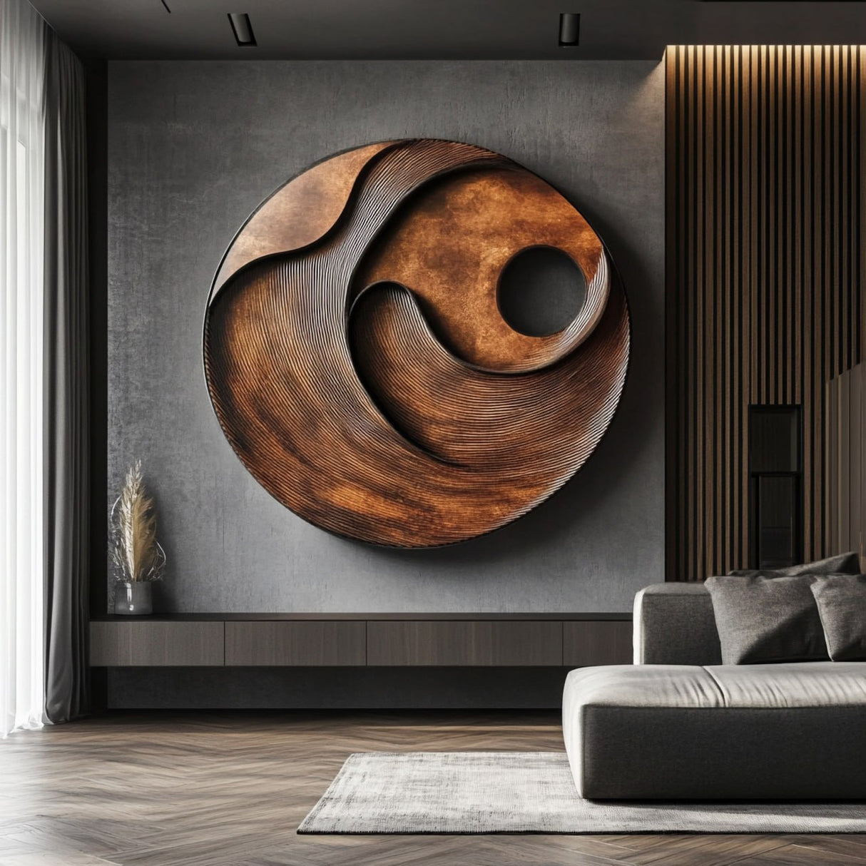 Modern Textured Round Solid Wood Wall Art for Living Room Interiors