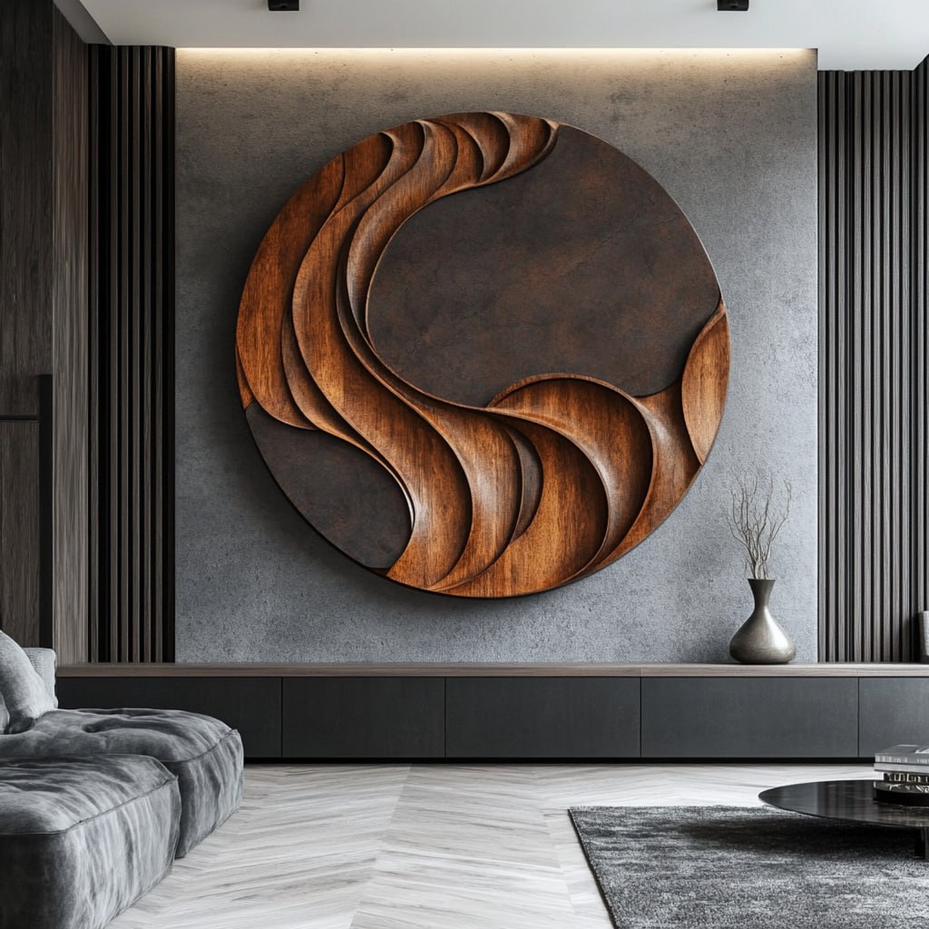 Handcarved Round Solid Wood Wall Sculpture for Contemporary Interiors