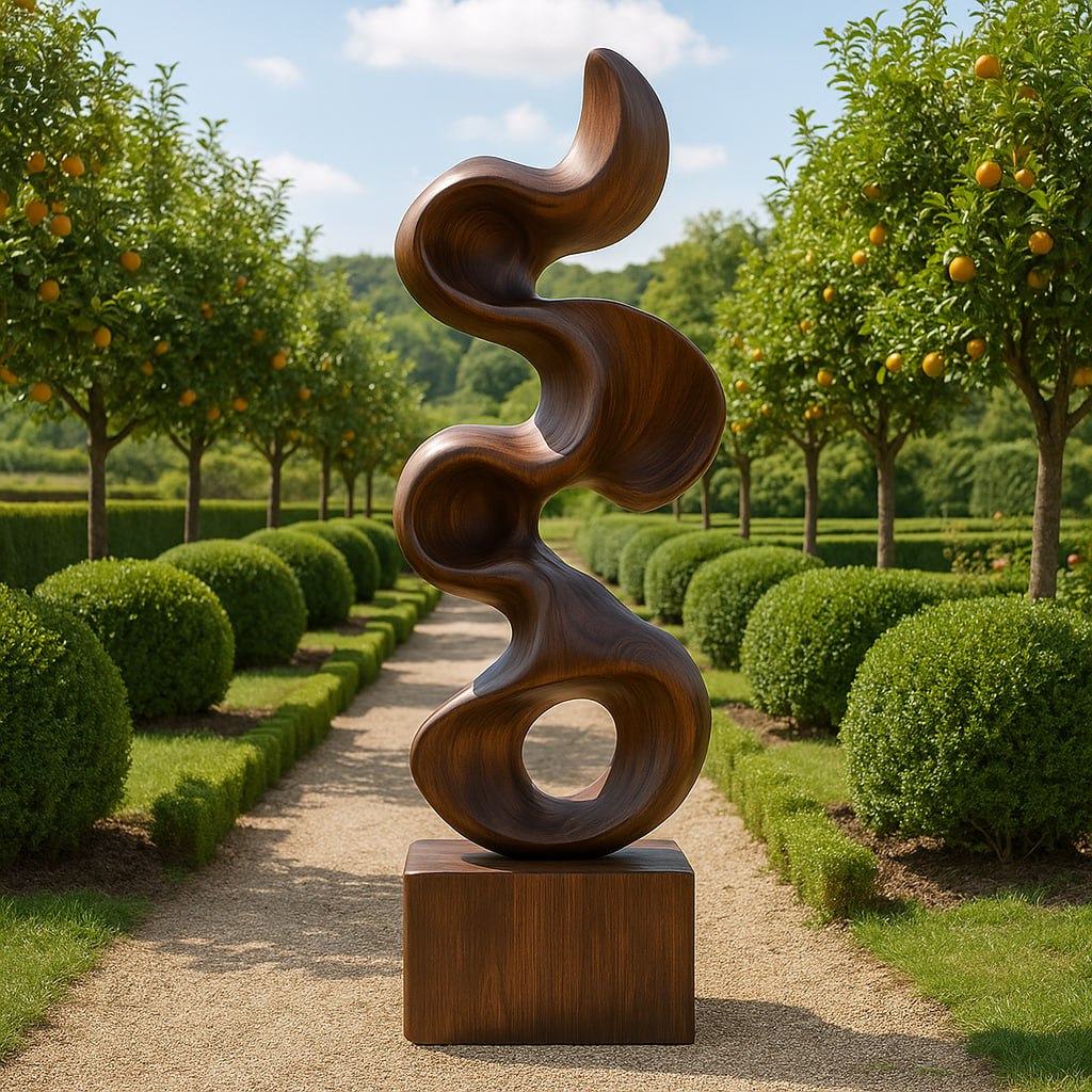 Organic Solid Wood Sculpture with Flowing Abstract Form for Garden Spaces