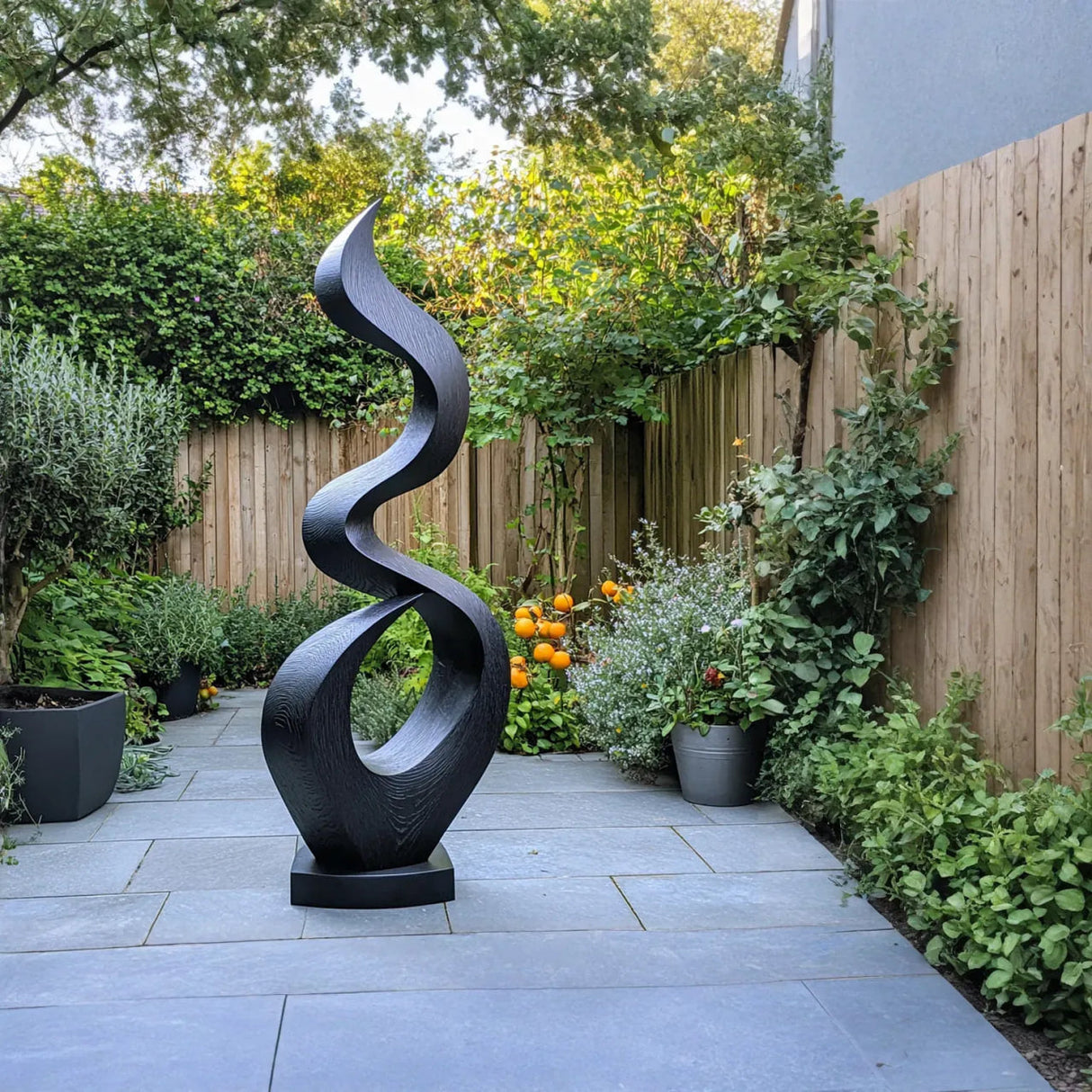 Outdoor Solid Wood Spiral Flame Sculpture for Courtyards, Patios, and Modern Gardens