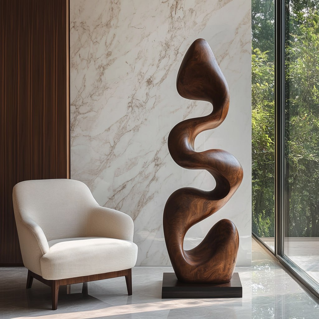 Flowing Contemporary Solid Wood Sculpture for Interior Spaces