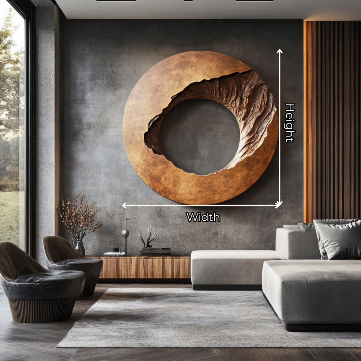 Contemporary Solid Wood Circular Wall Sculpture with Recessed Carving for Living Rooms