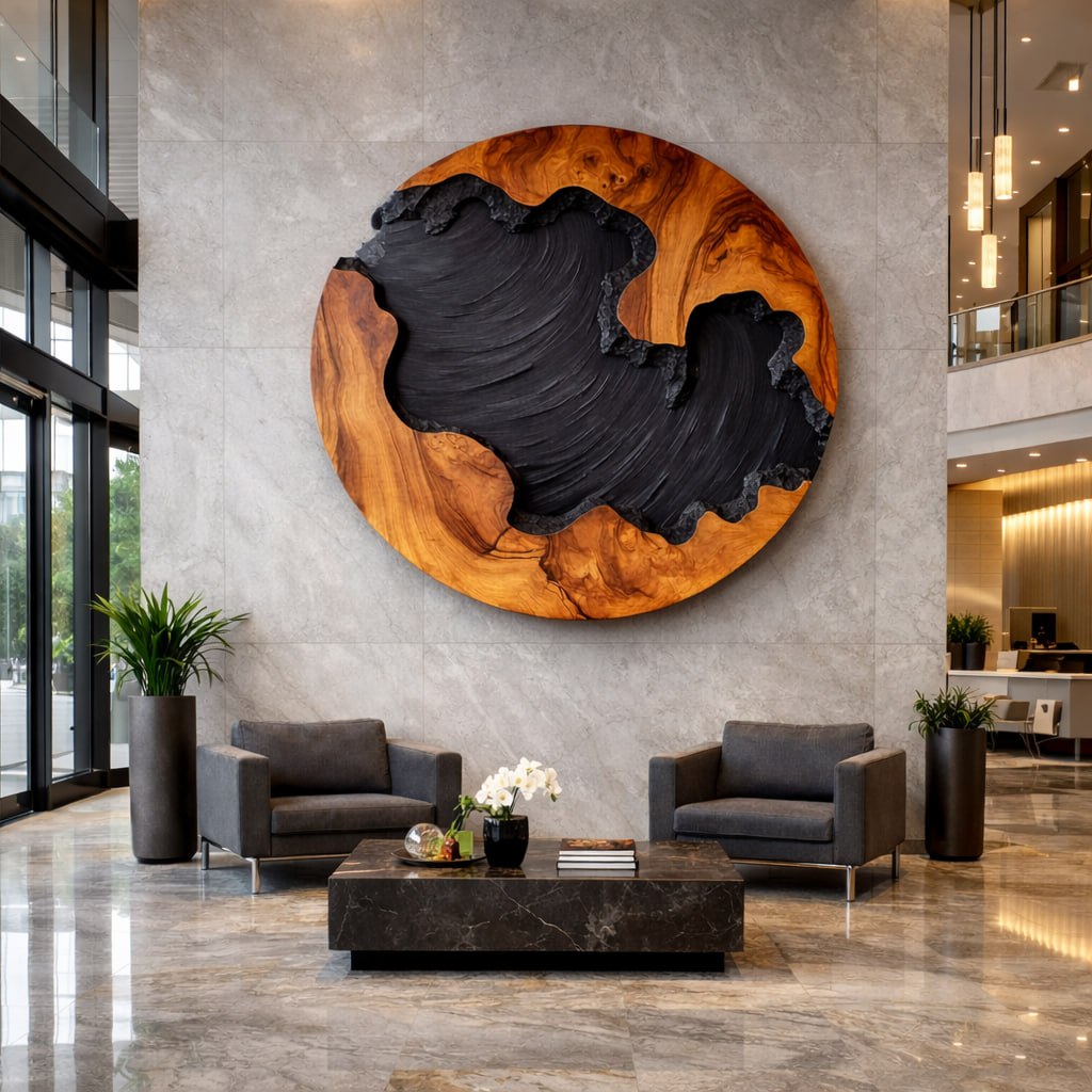 Round Solid Wood Wall Sculpture with Organic Carved Texture