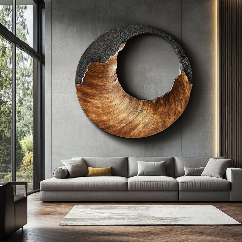 Large Circular Solid Wood Wall Sculpture with Black Crest Wave for Modern Living Rooms