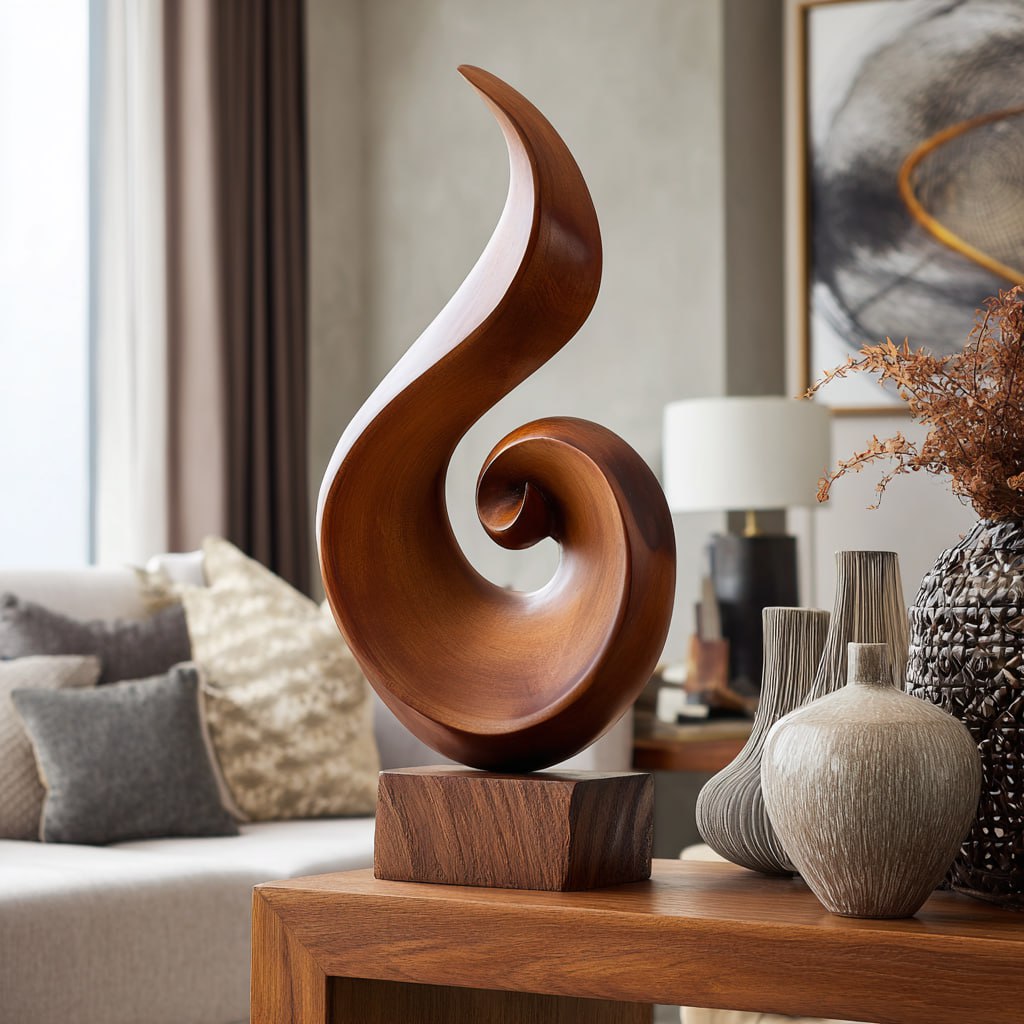 Abstract Spiral Wood Sculpture Modern Office Table Decor