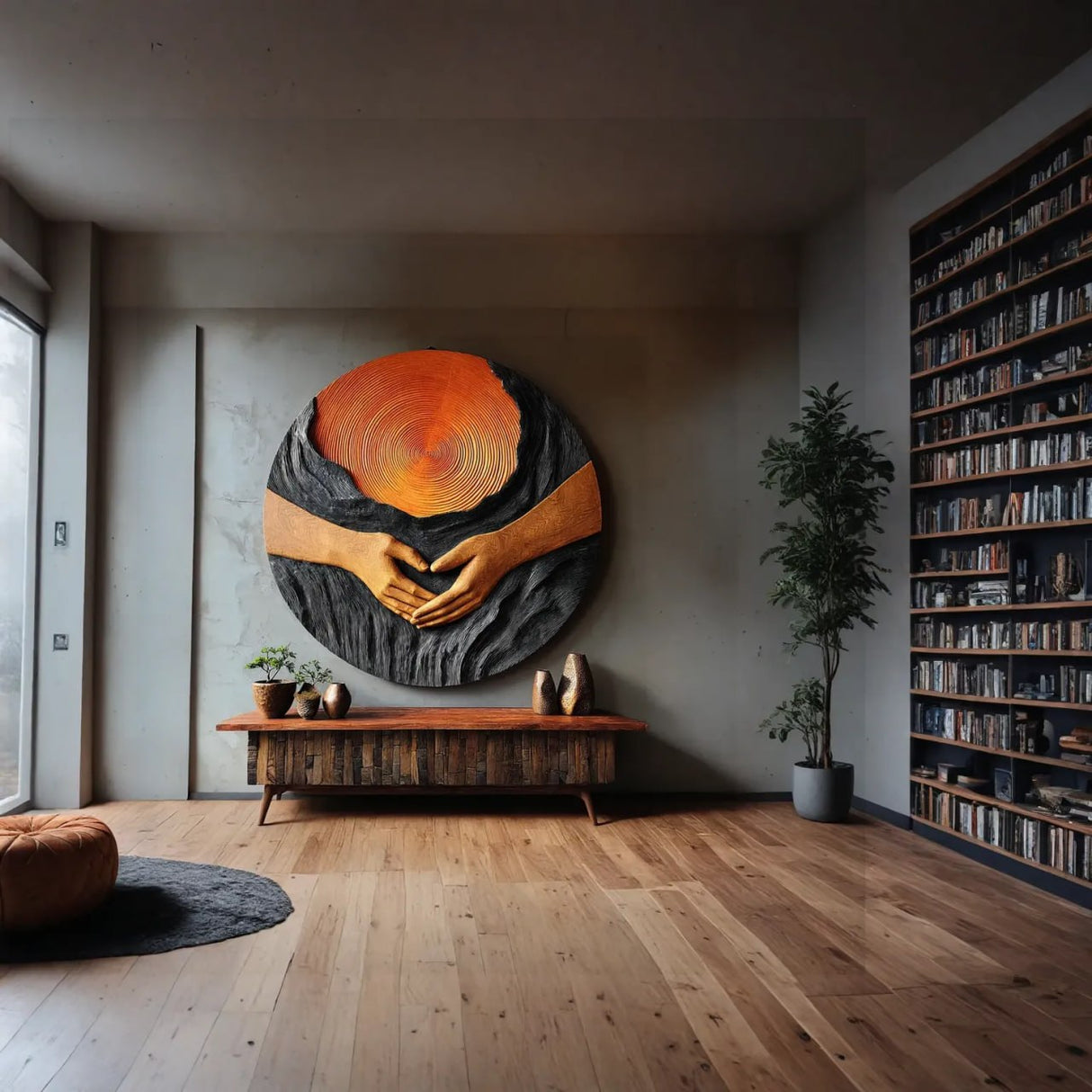 Handcrafted Solid Wood Wall Sculpture with Circular Relief and Joined Hands Motif