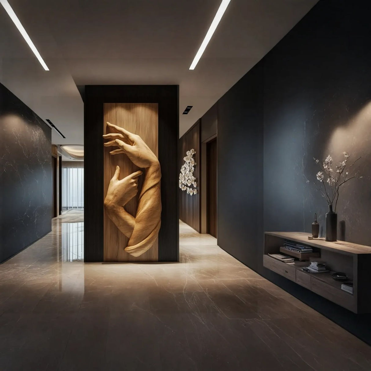 Monumental Solid Wood Wall Sculpture with Intertwined Hands Relief Panel