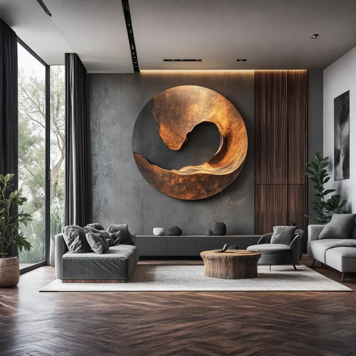 Handcrafted Solid Wood Wall Sculpture with Abstract Circular Wave Form