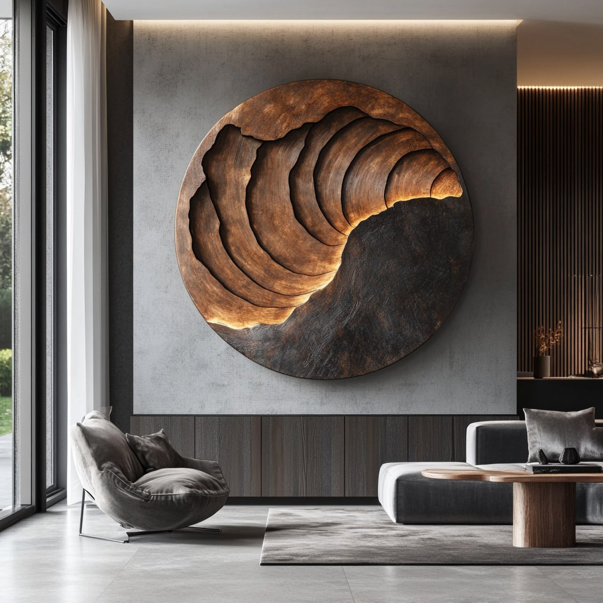 Handcrafted Solid Wood Wall Sculpture with Circular Layered Relief Design