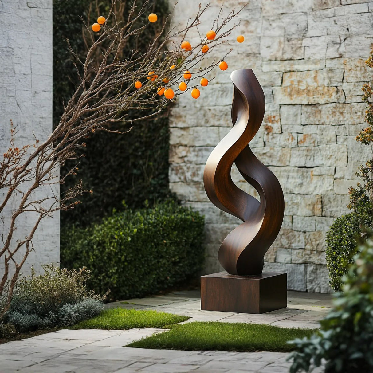 Handcrafted Solid Wood Outdoor Sculpture with Twisting Ribbon Form