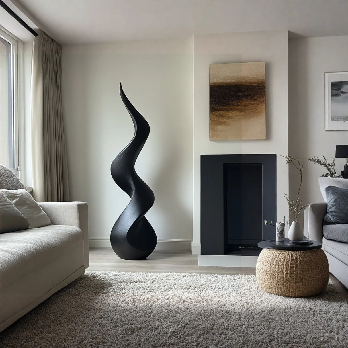 Abstract Solid Wood Floor Sculpture with Flowing Flame Silhouette