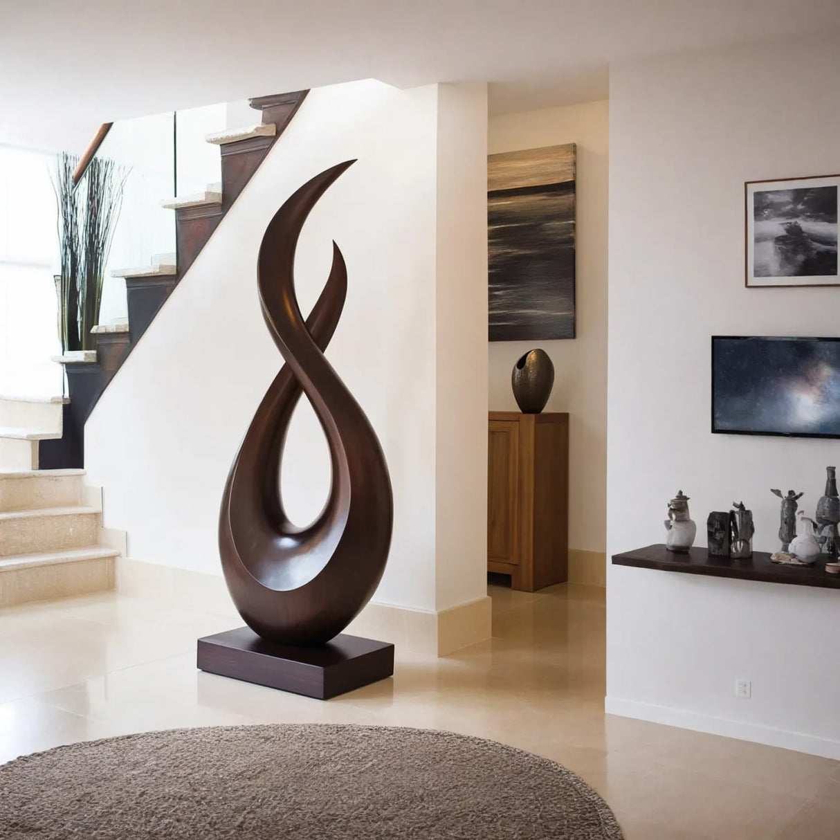 Handcrafted Solid Wood Floor Sculpture with Intertwined Teardrop Form
