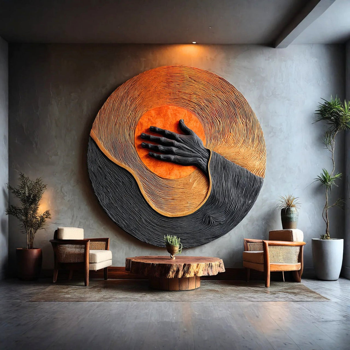 Handcrafted Solid Wood Wall Sculpture with Circular Relief and Expressive Hand Motif
