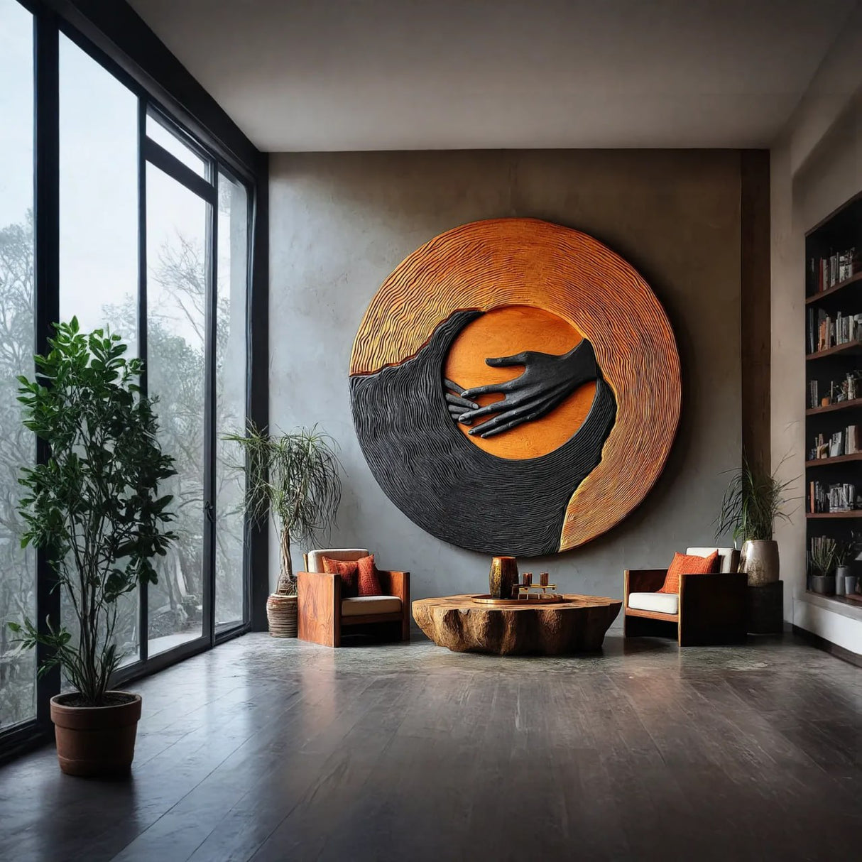 Solid Wood Wall Art with Embracing Hands Circular Relief