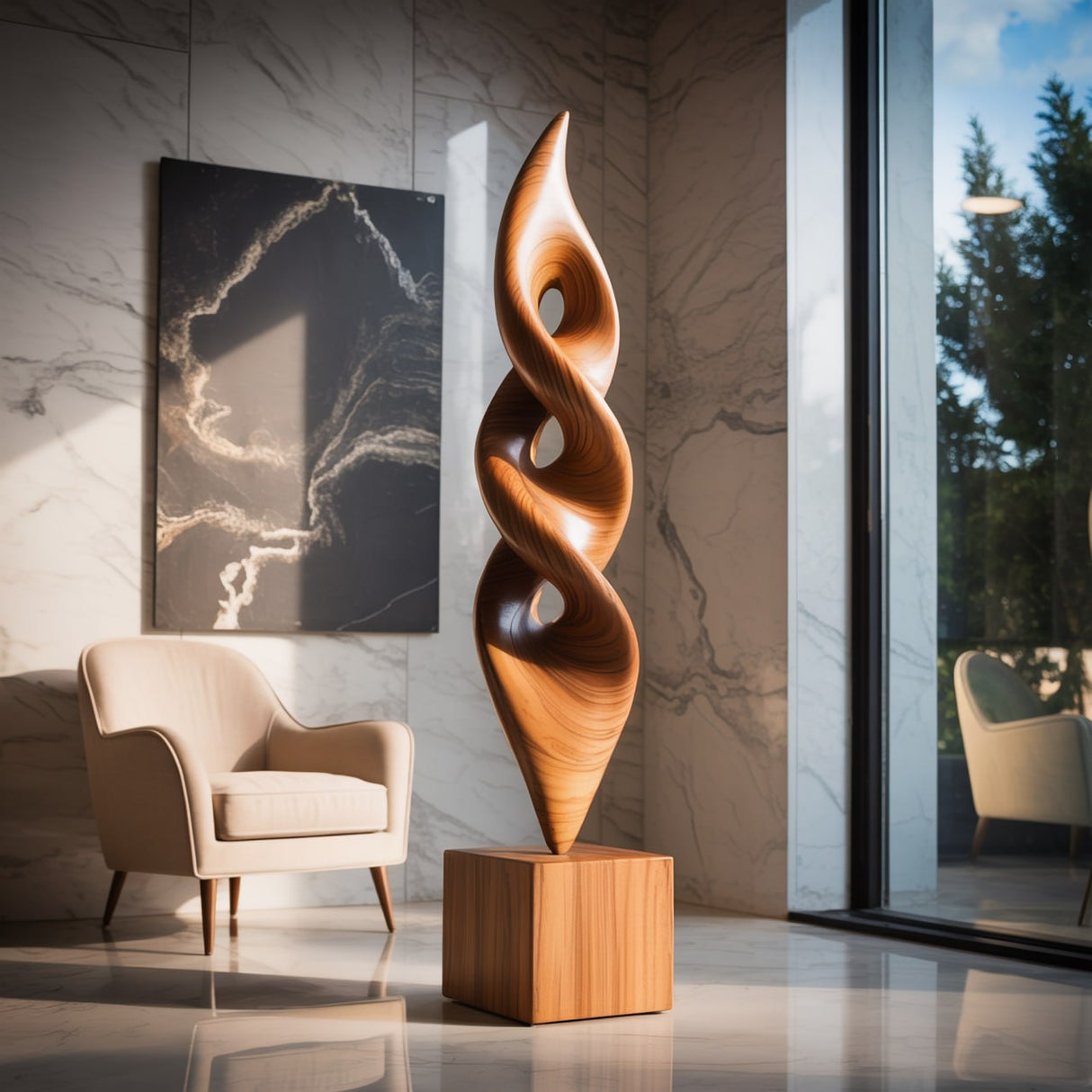 Handcrafted Solid Wood Floor Sculpture with Stacked Spiral Openings