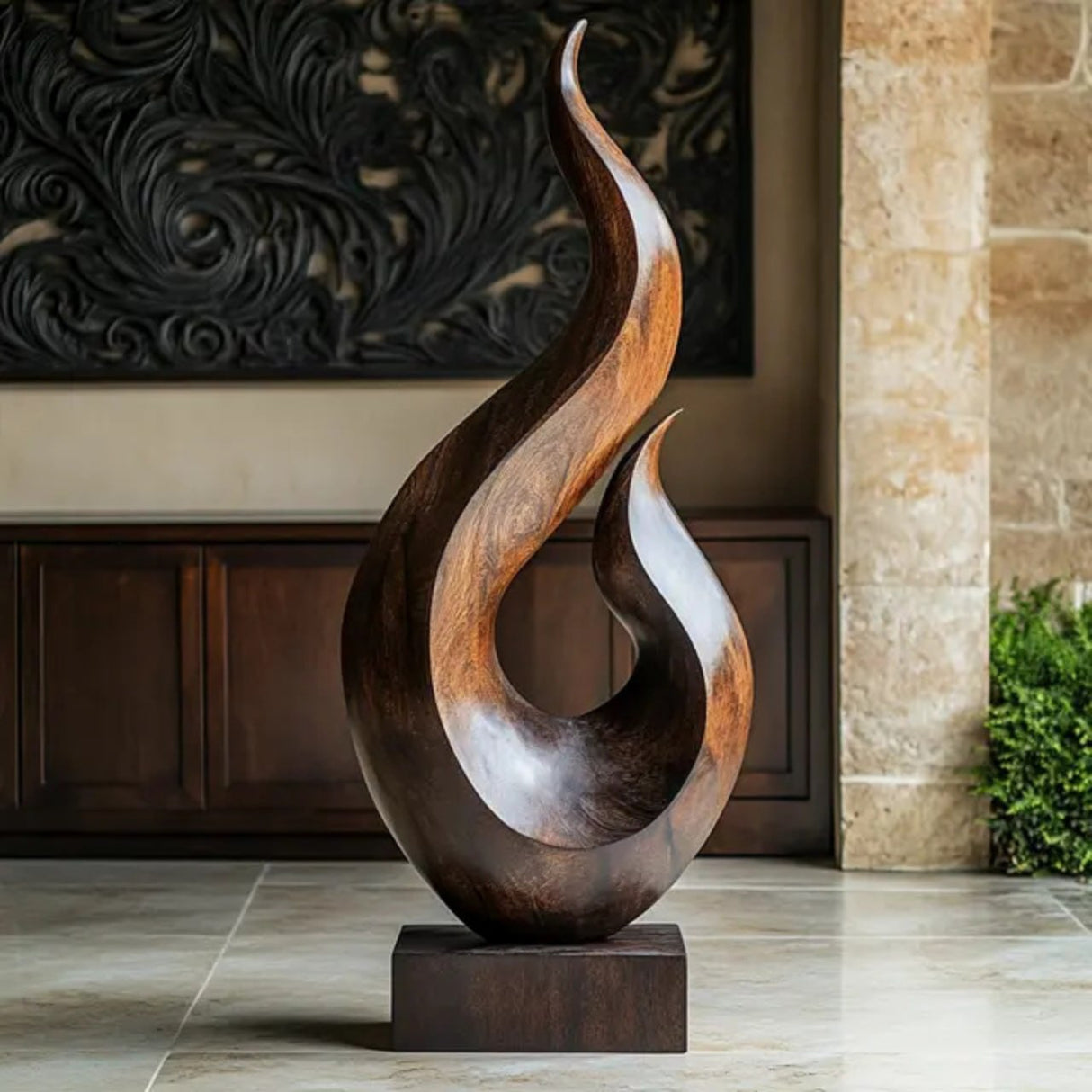 Handcrafted Solid Wood Twin Flame Floor Sculpture for Living Room Decor