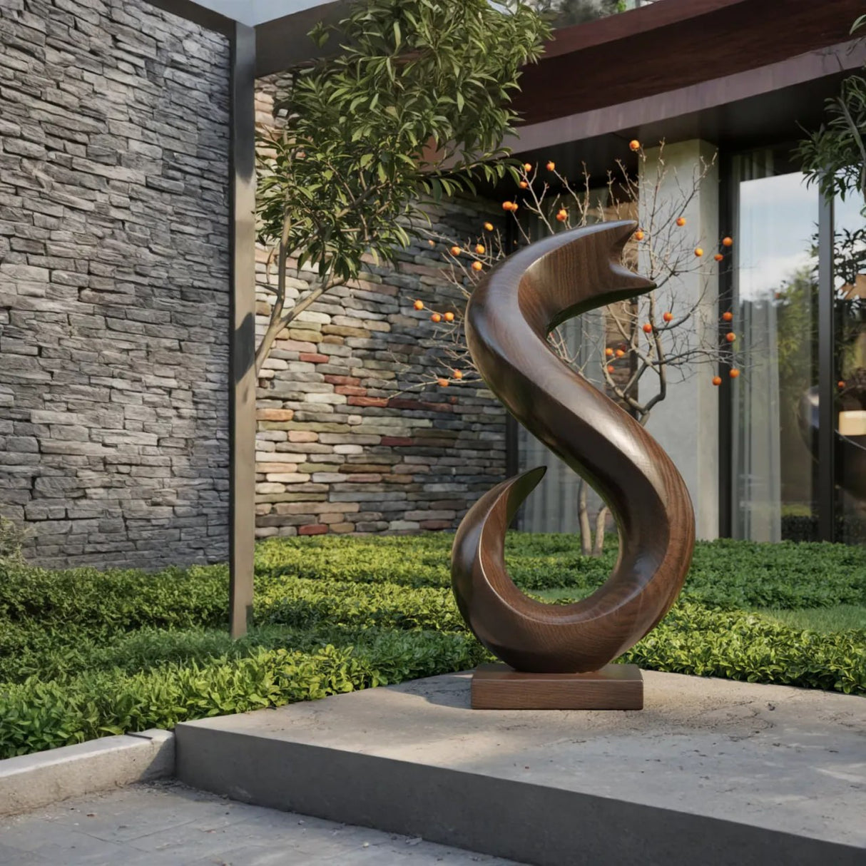 Handcrafted Solid Wood Flame Wave Sculpture for Garden and Entryway Decor