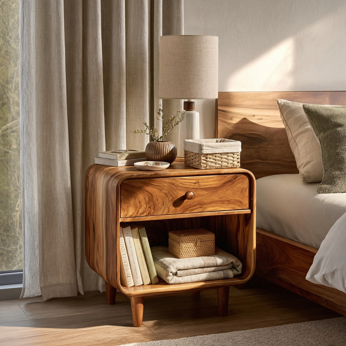 Handmade Solid Wood Nightstand with Rounded Frame Drawer and Open Shelf Storage