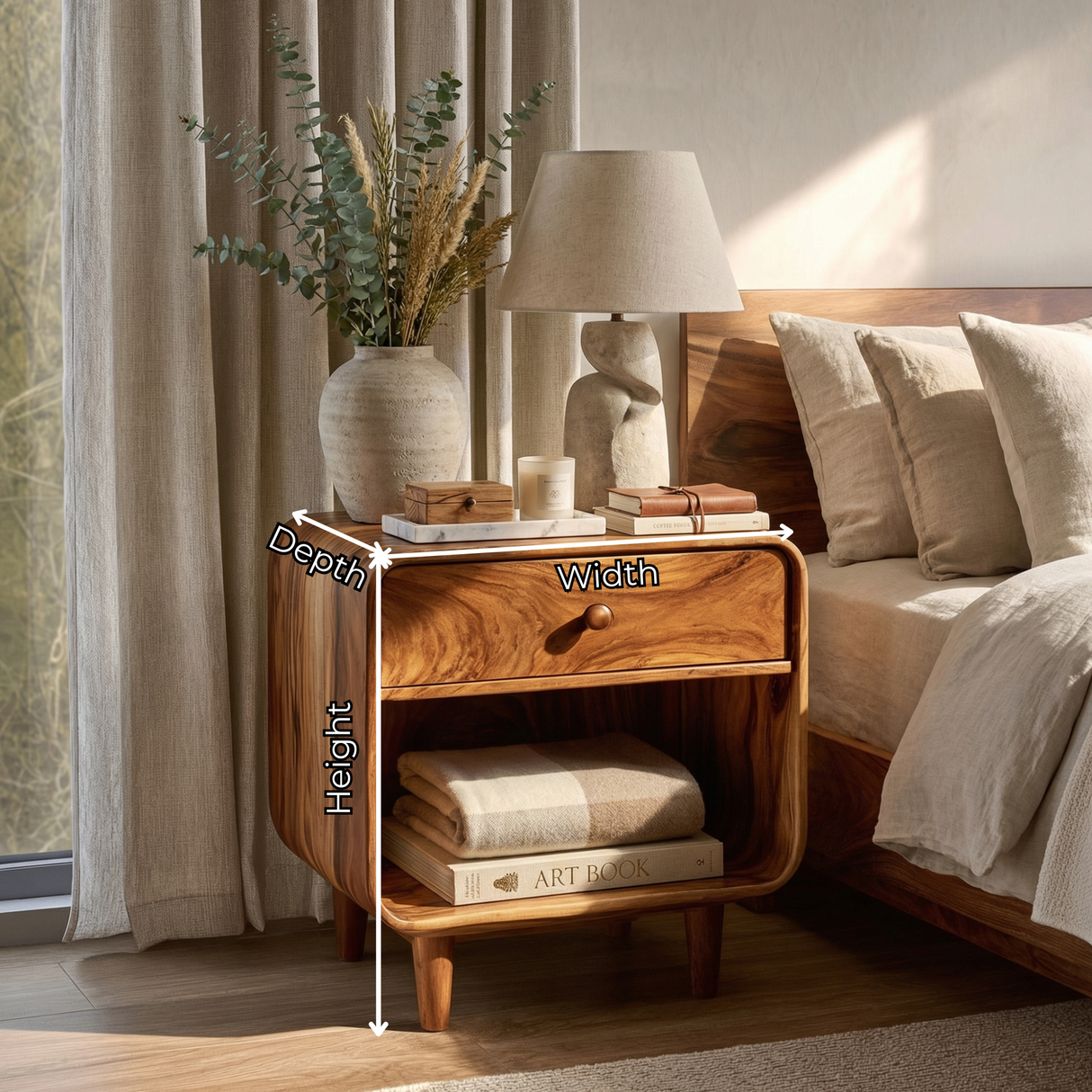 Handmade Solid Wood Nightstand with Rounded Frame Drawer and Open Shelf Storage