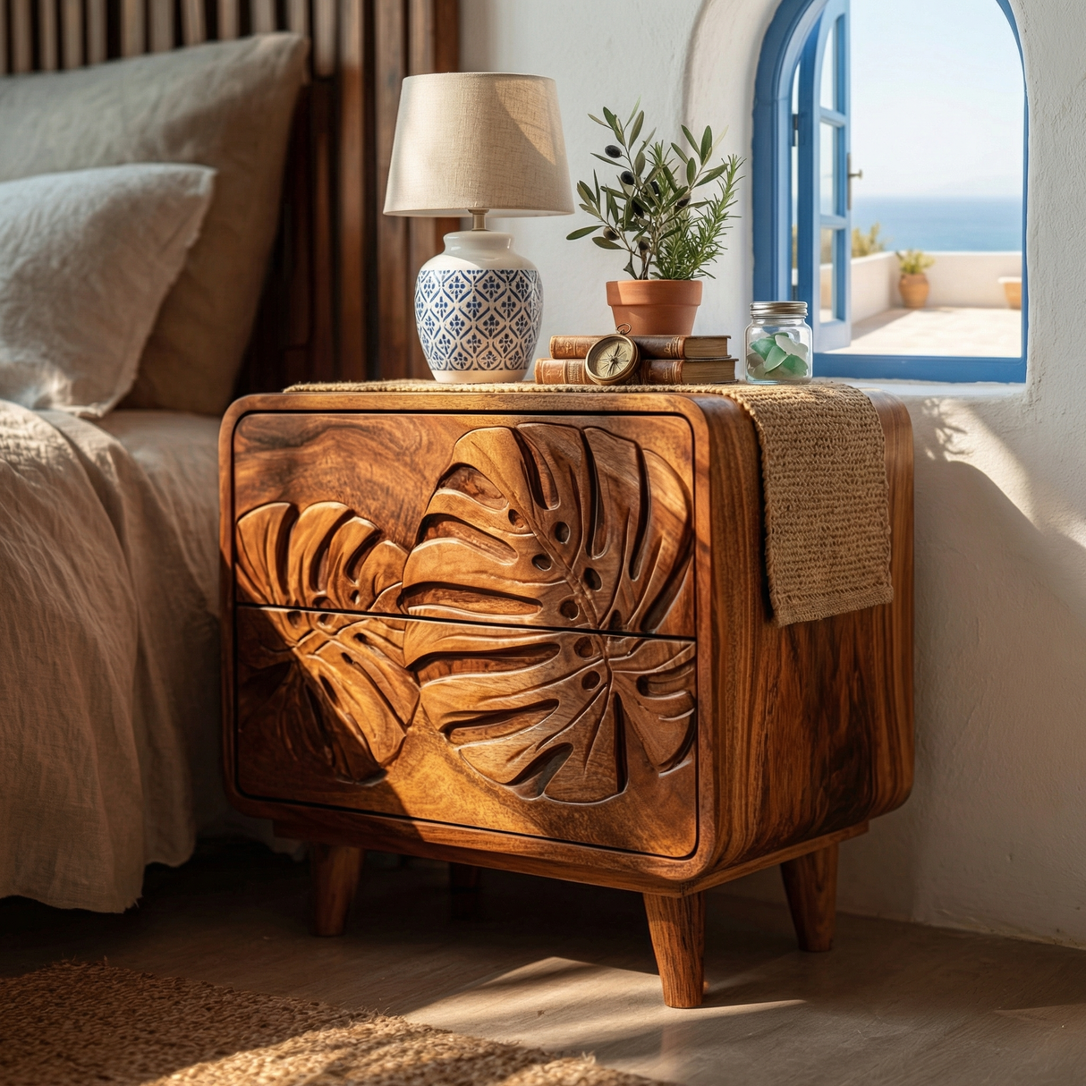 Handcrafted Solid Wood Nightstand with Tropical Leaf Carved Front