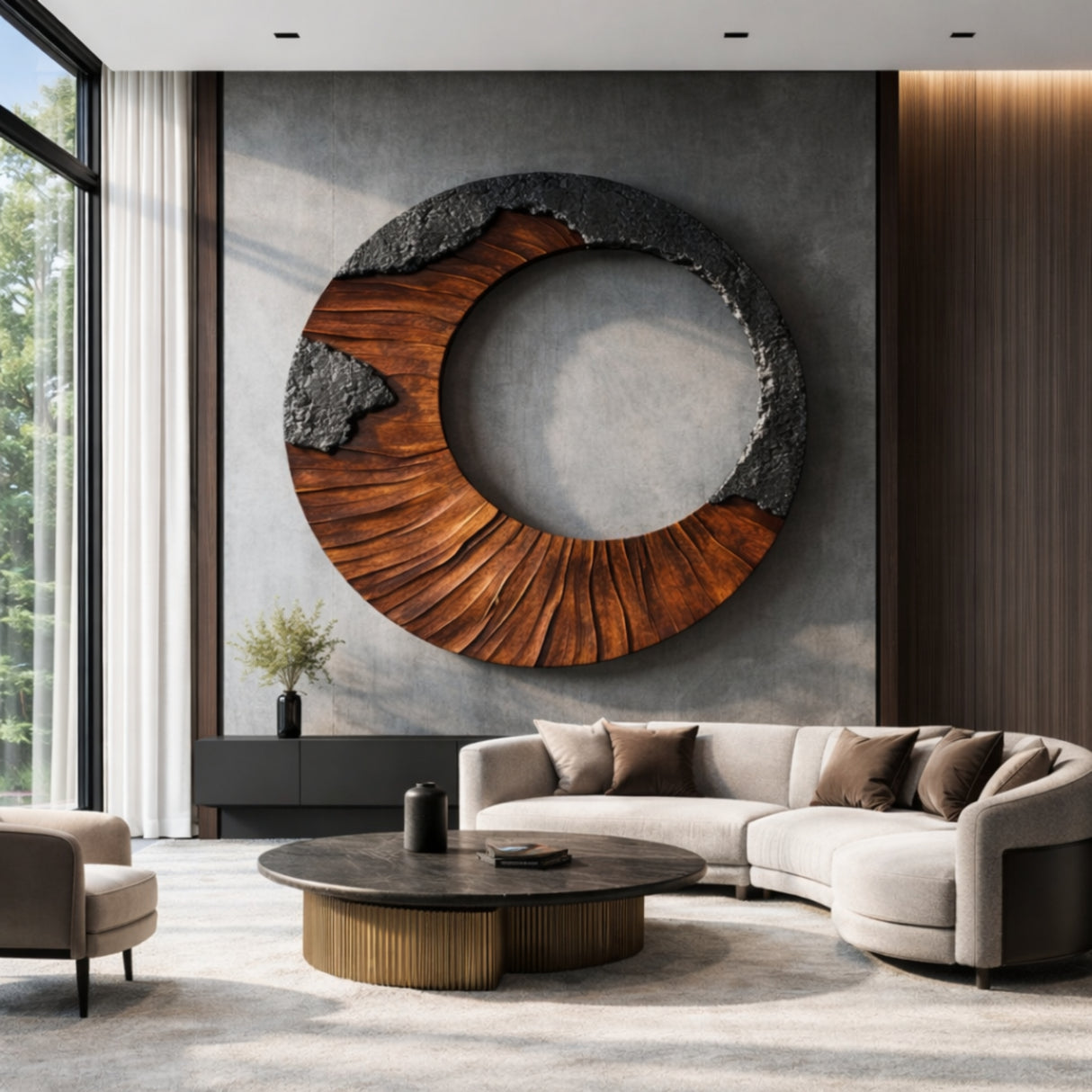 Round Solid Wood Wall Sculpture with Open Center and Textured Contrast