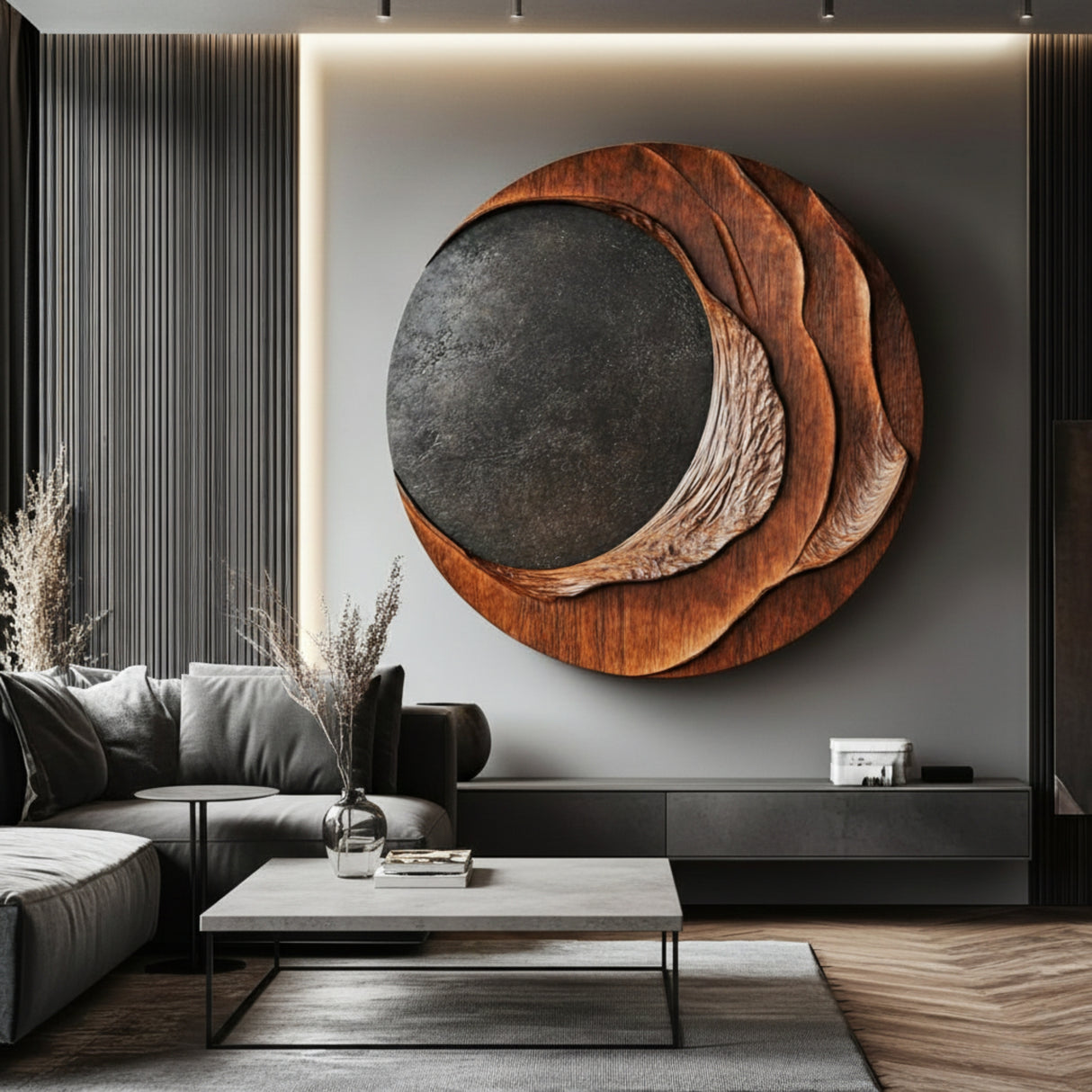 Handcrafted Solid Wood Wall Art with Layered Eclipse Form