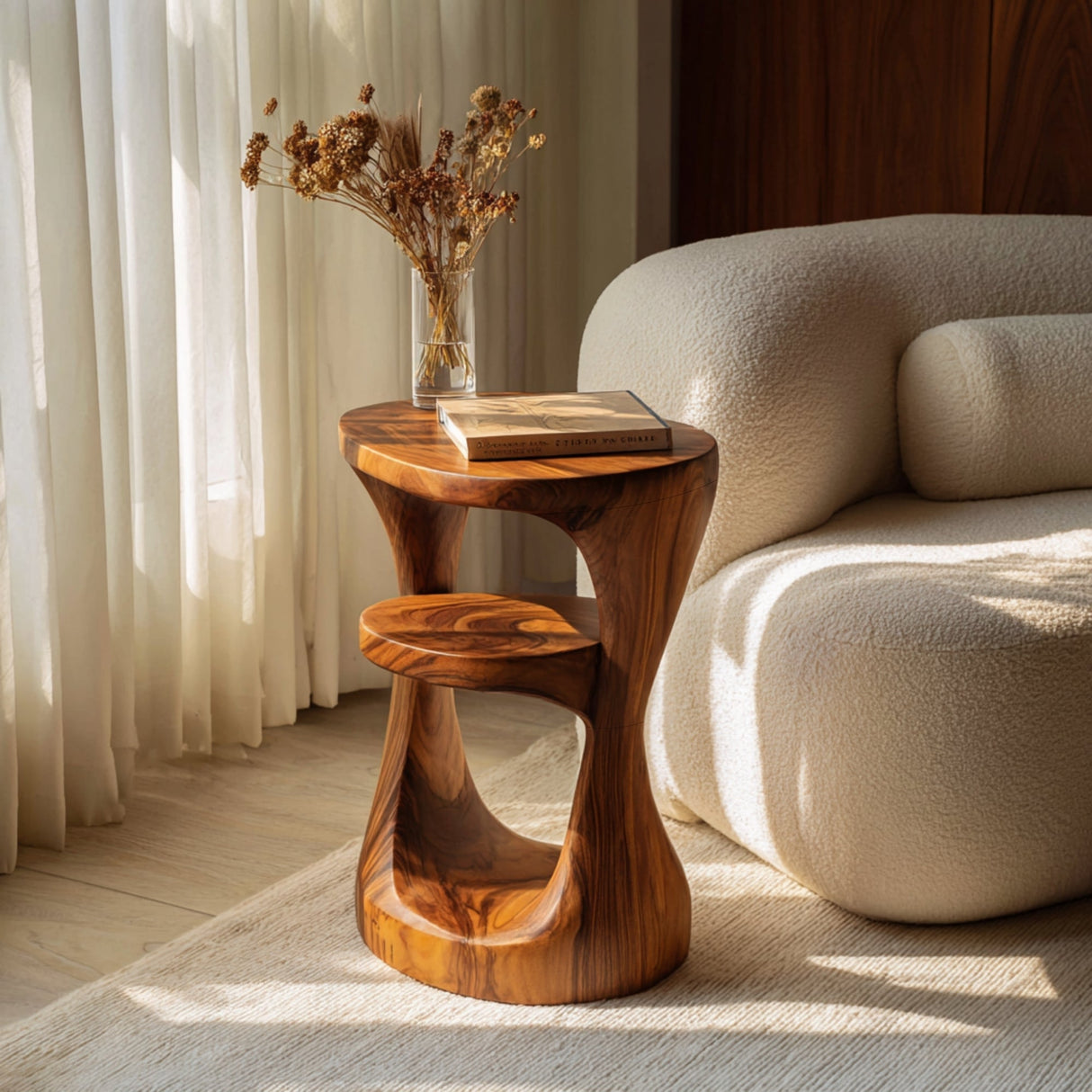 Solid Wood Side Table Two Tier Sculpted Arch Design for Living Room