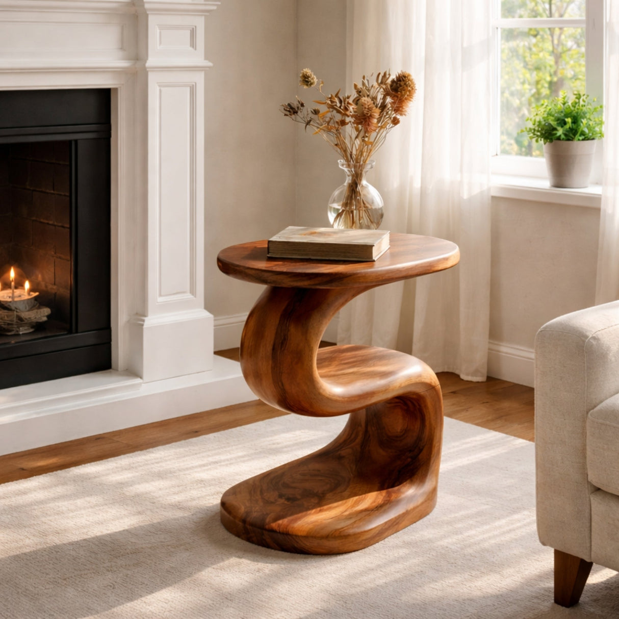 Curved Solid Wood Side Table Organic Two Level Accent Piece
