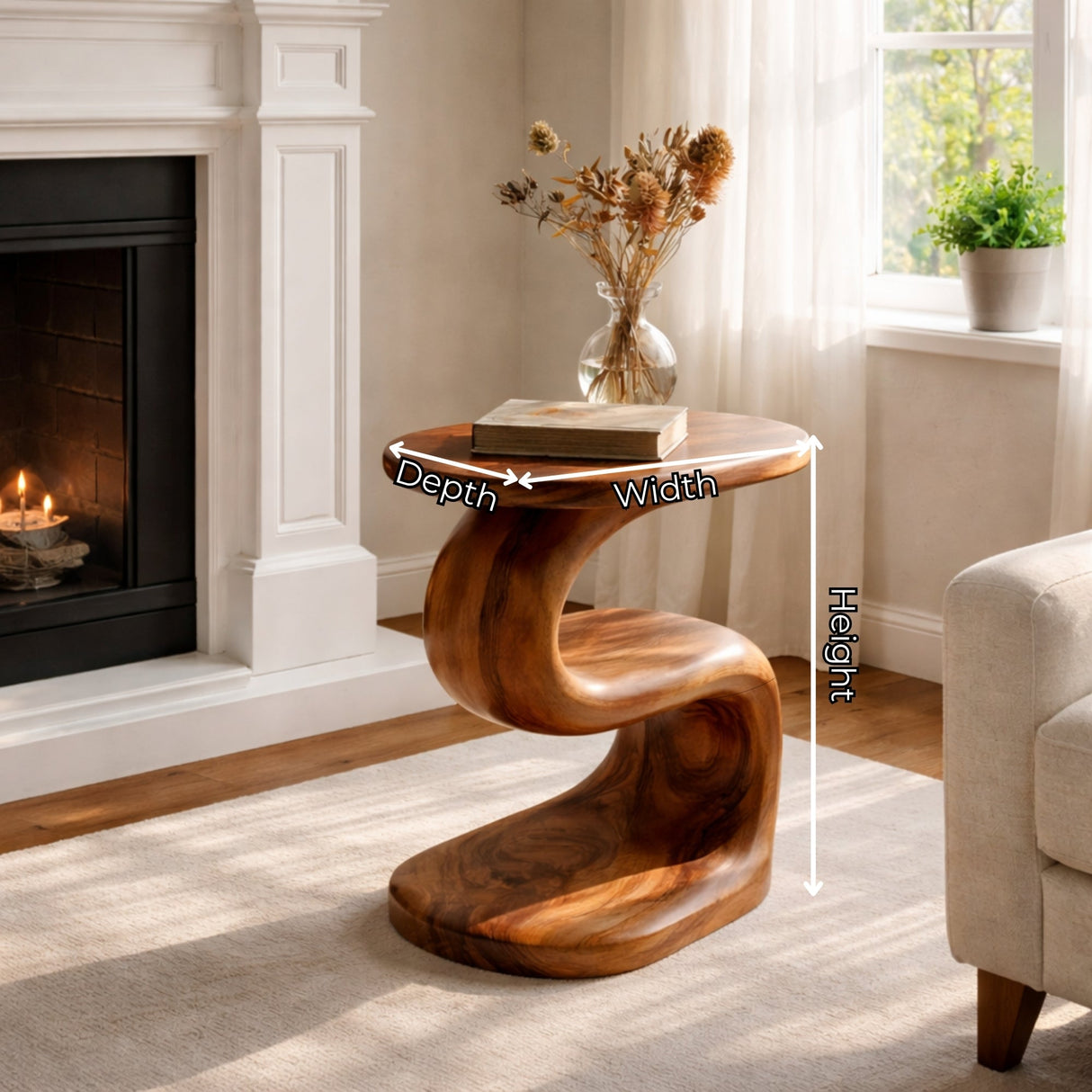Curved Solid Wood Side Table Organic Two Level Accent Piece
